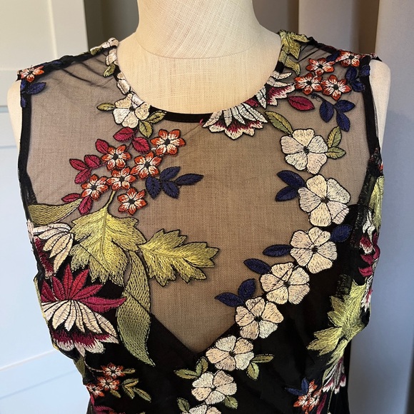 Bardot Black Embroidered Floral Sheath Dress | Mesh Overlay Cocktail - Picture 4 of 13